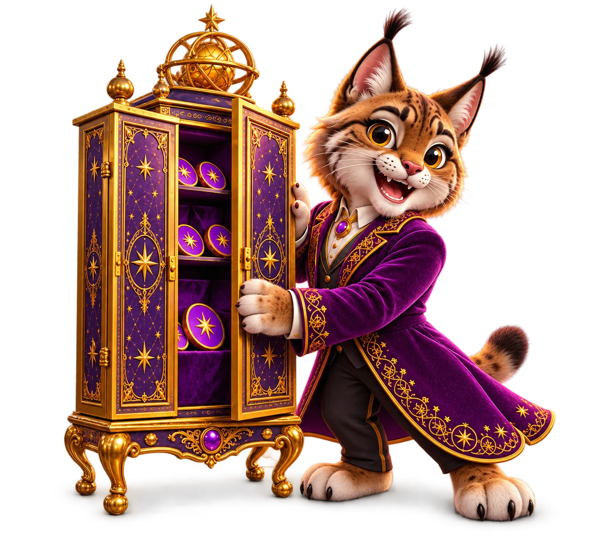A smiling 3D lynx in a purple coat opening an ornate cabinet of fictional star tokens
