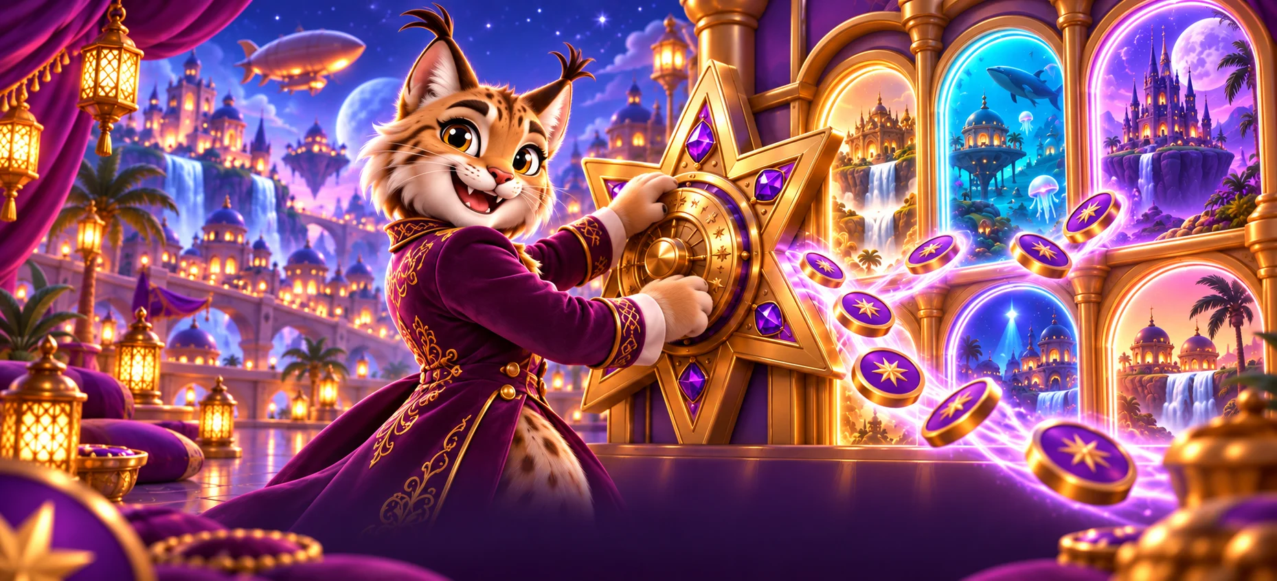 A smiling 3D cartoon lynx opens a golden cabinet of glowing imaginary worlds
